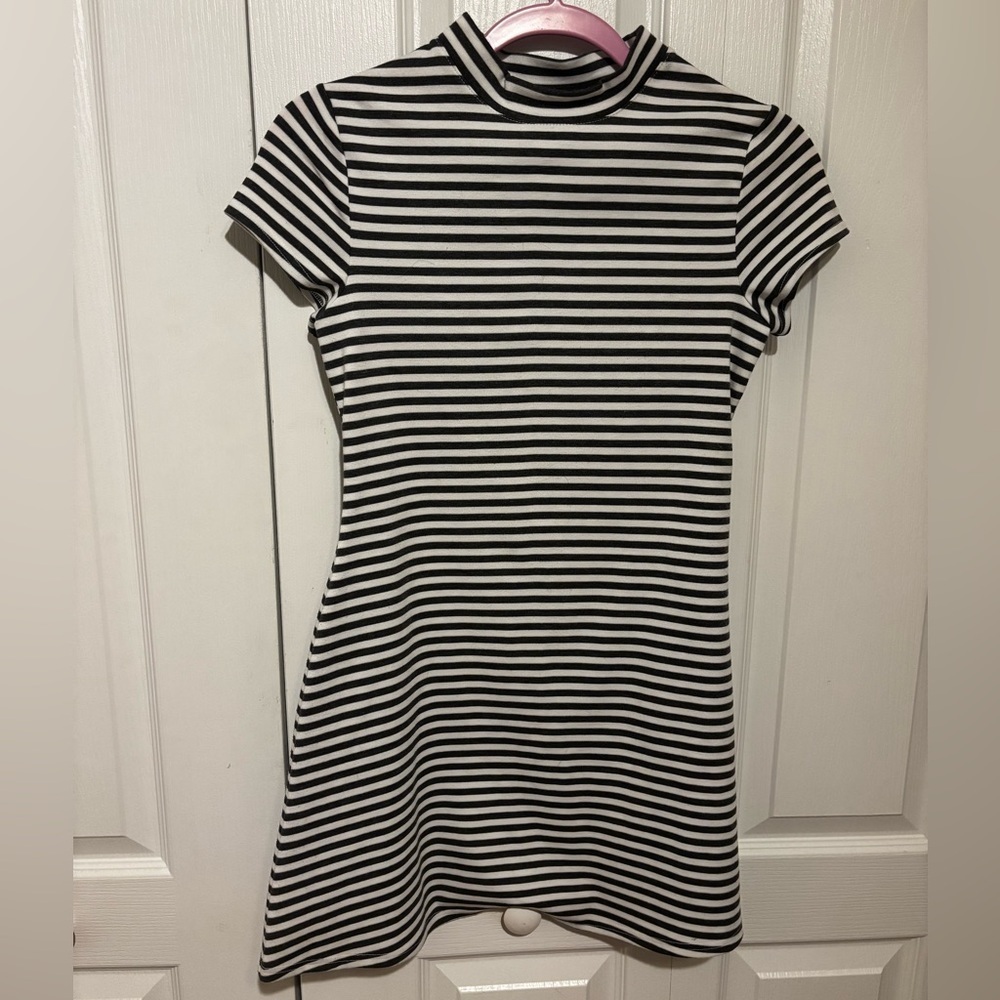 FP Beach Dark Grey & White Striped Turtleneck Short Sleeve Dress - XS
